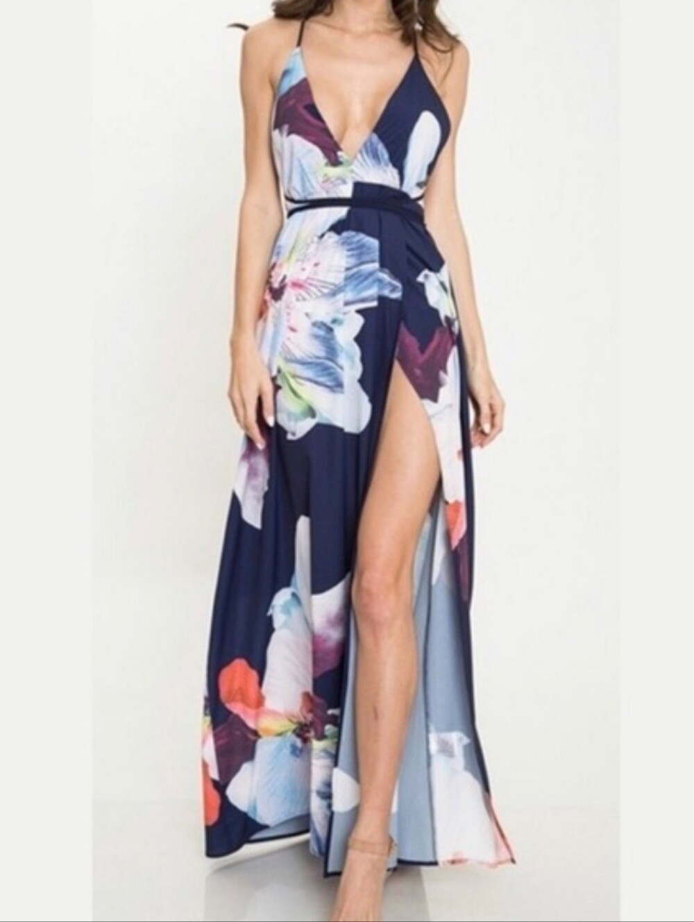 L'ATISTE Navy Halter Maxi Dress with Multicolor Floral Print And Slit Sz M